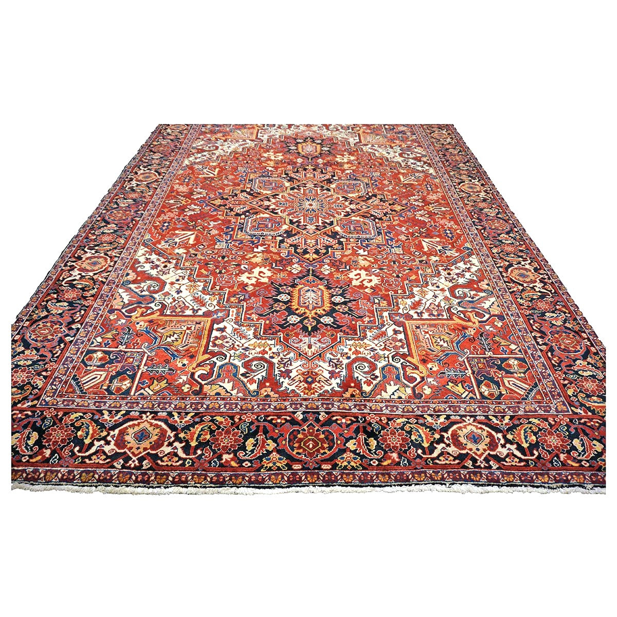Vintage Persian Heriz Wool 10x13 Red, Ivory & Navy Handmade Area Rug #9902835