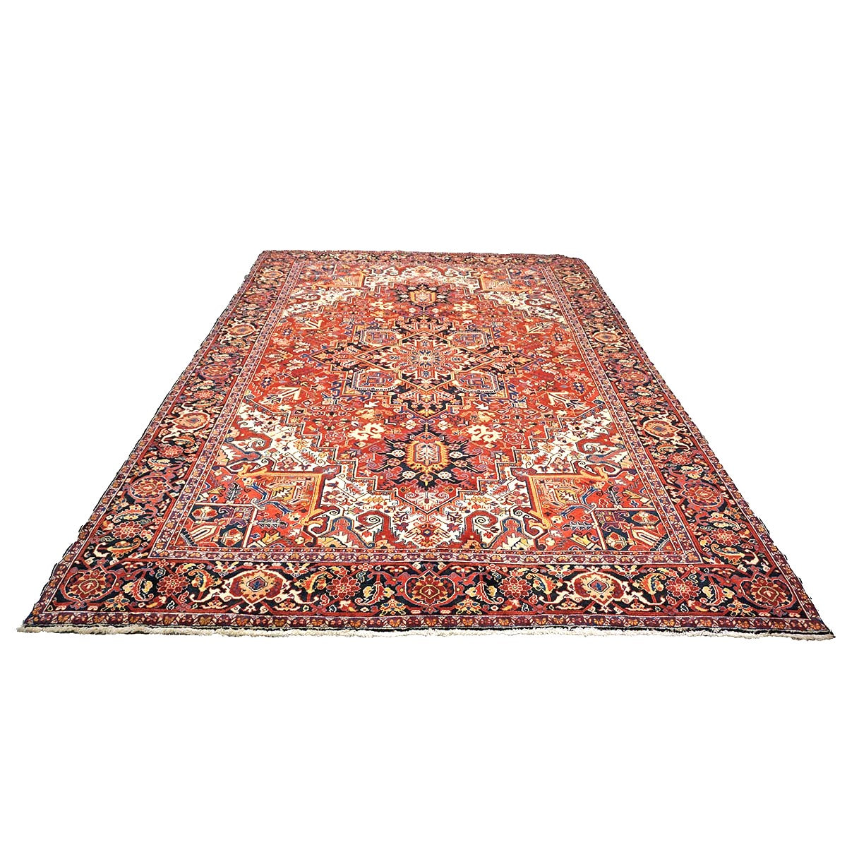 Vintage Persian Heriz Wool 10x13 Red, Ivory & Navy Handmade Area Rug #9902835