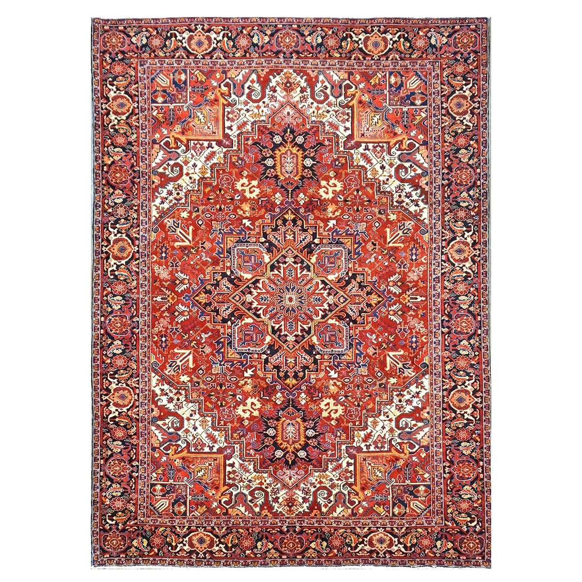 Vintage Persian Heriz Wool 10x13 Red, Ivory & Navy Handmade Area Rug #9902835