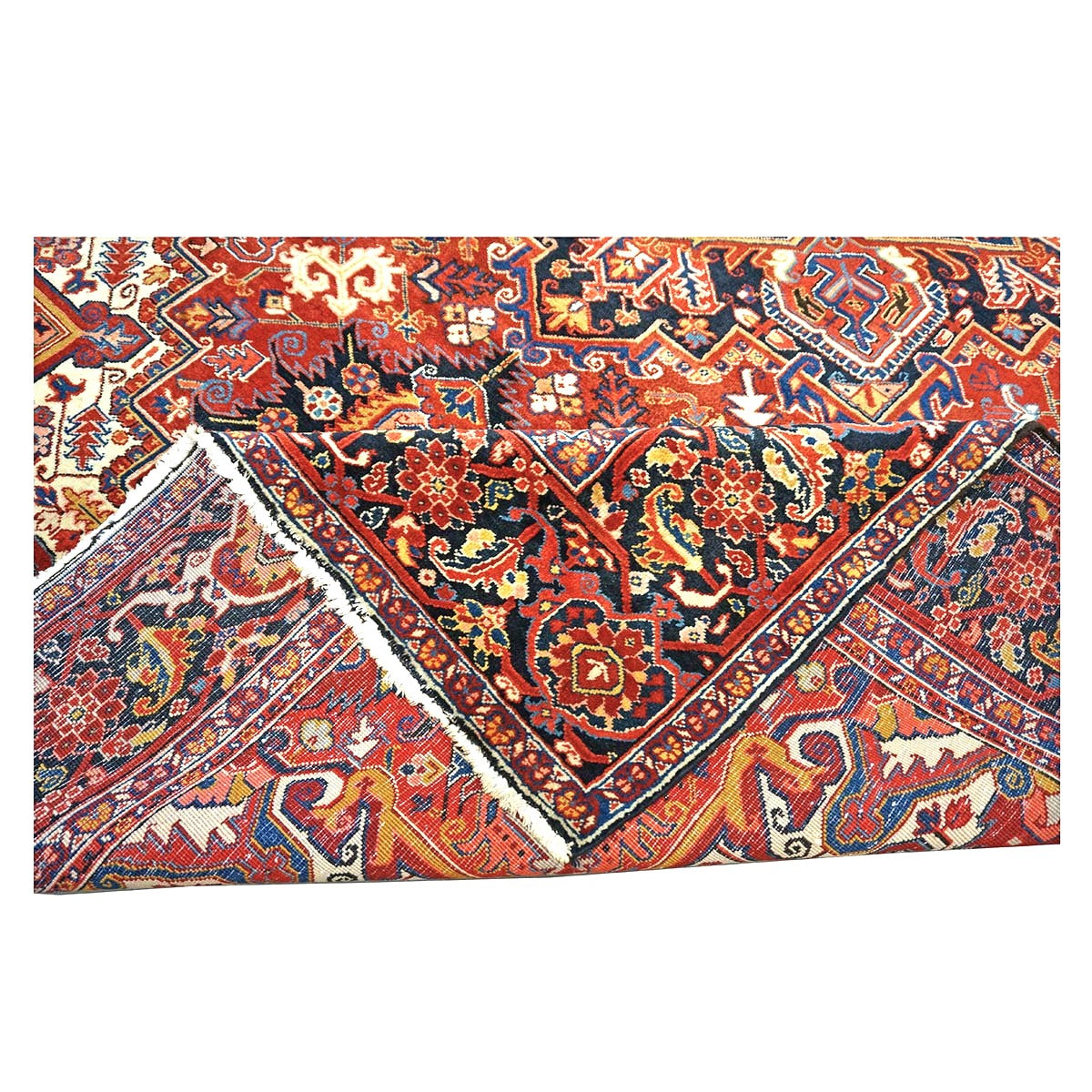 Vintage Persian Heriz Wool 10x13 Red, Ivory & Navy Handmade Area Rug #9902835