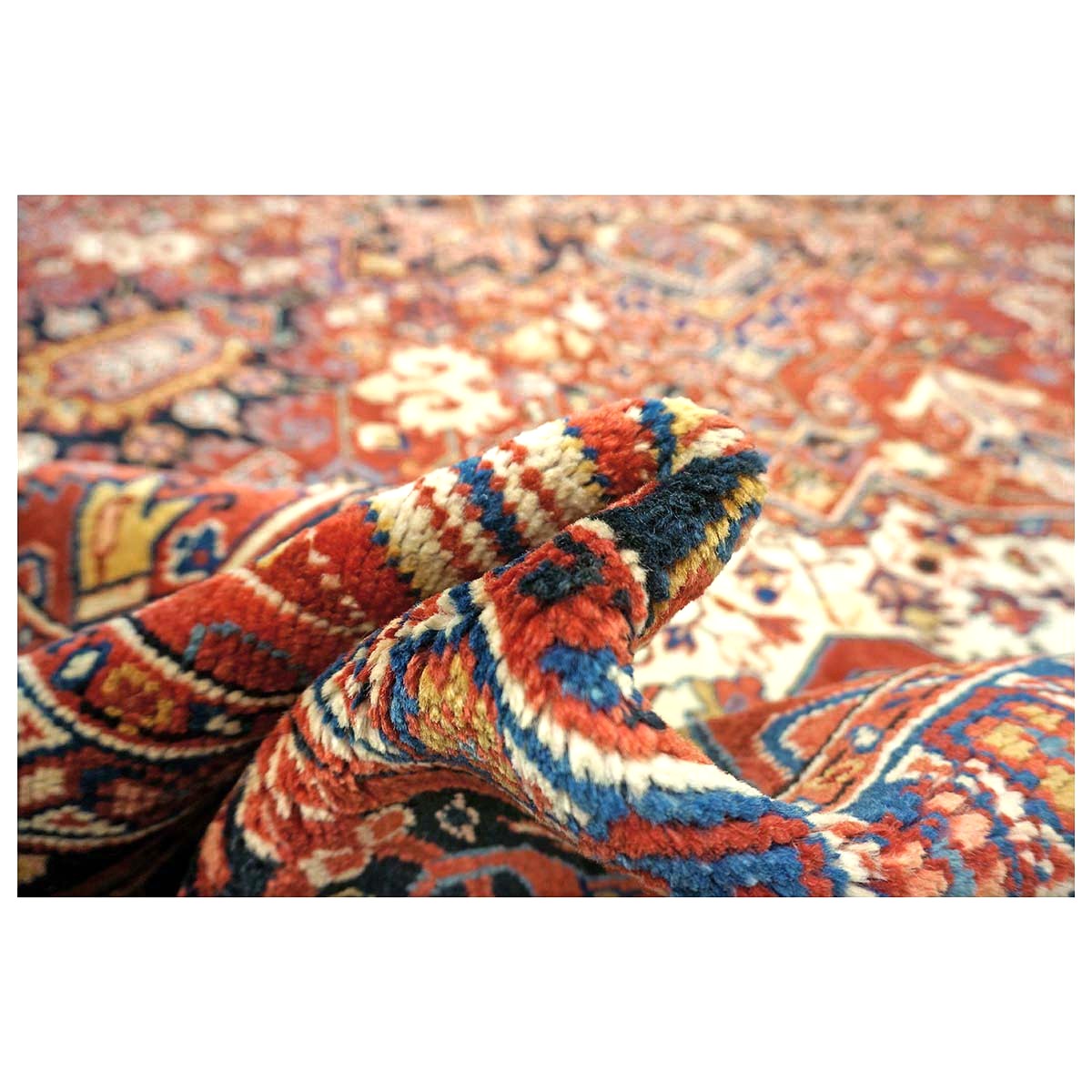 Vintage Persian Heriz Wool 10x13 Red, Ivory & Navy Handmade Area Rug #9902835