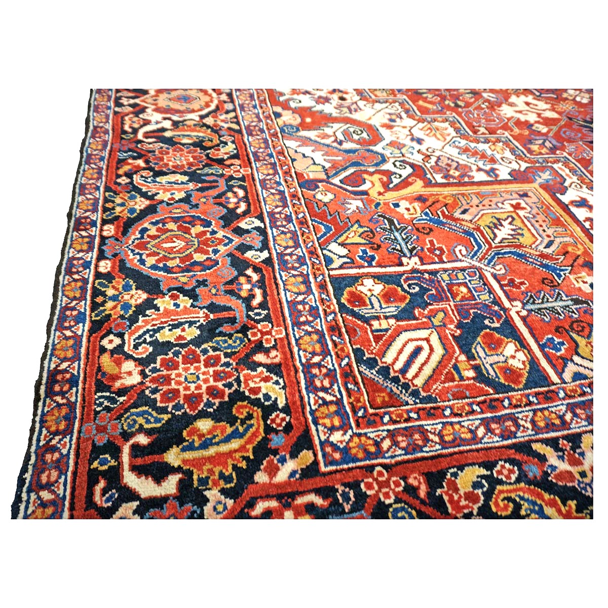 Vintage Persian Heriz Wool 10x13 Red, Ivory & Navy Handmade Area Rug #9902835
