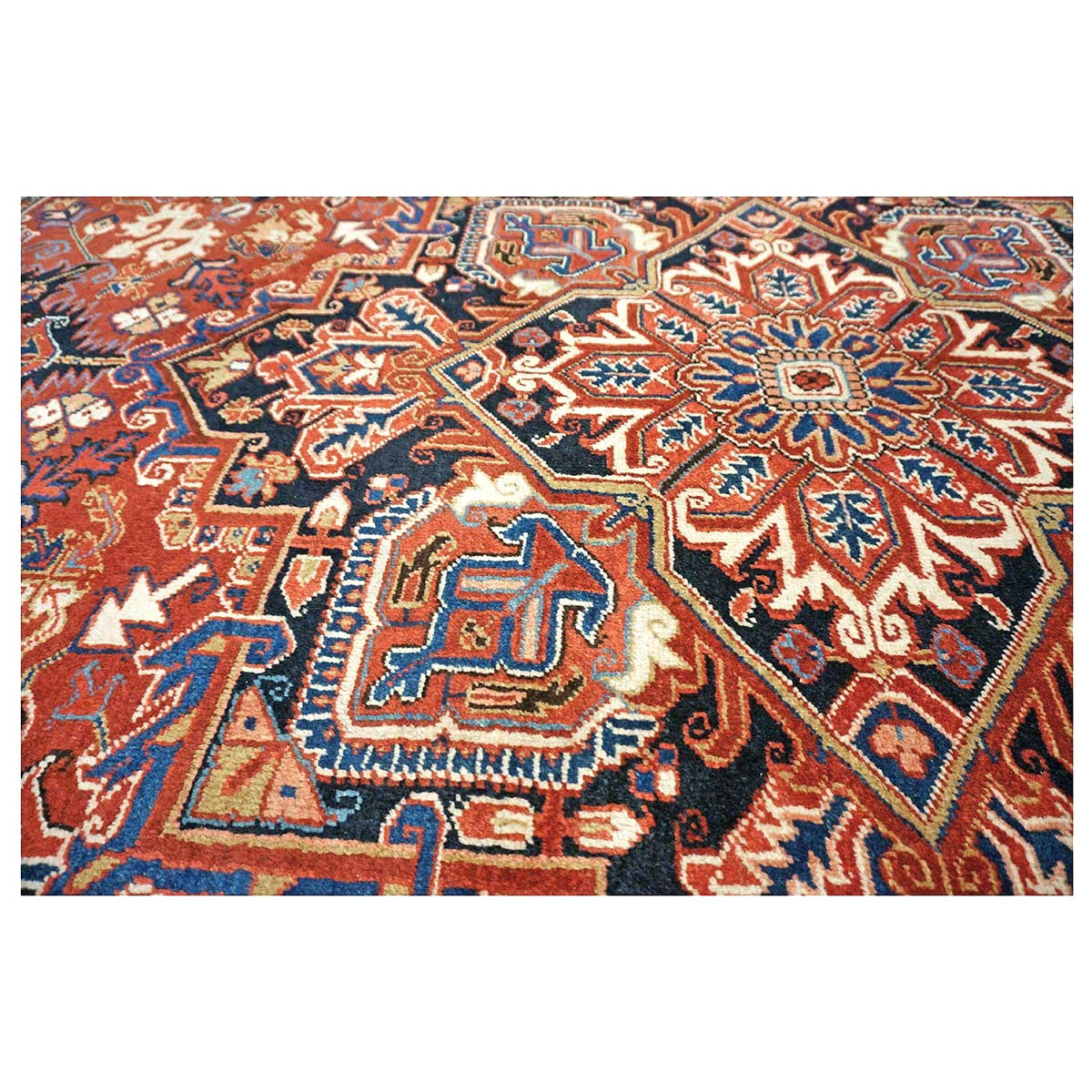 Vintage Persian Heriz Wool 10x13 Red, Ivory & Navy Handmade Area Rug #9902835