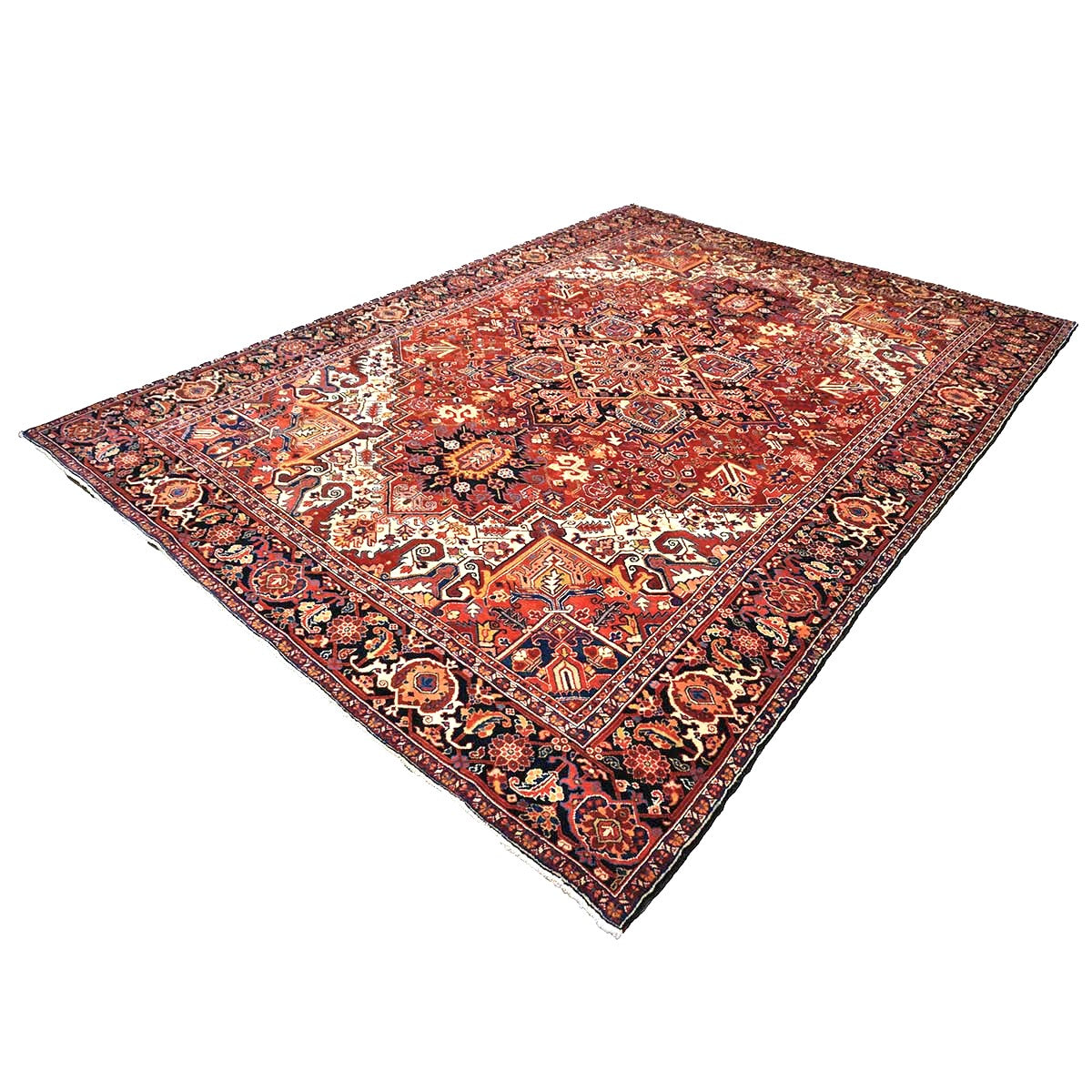 Vintage Persian Heriz Wool 10x13 Red, Ivory & Navy Handmade Area Rug #9902835
