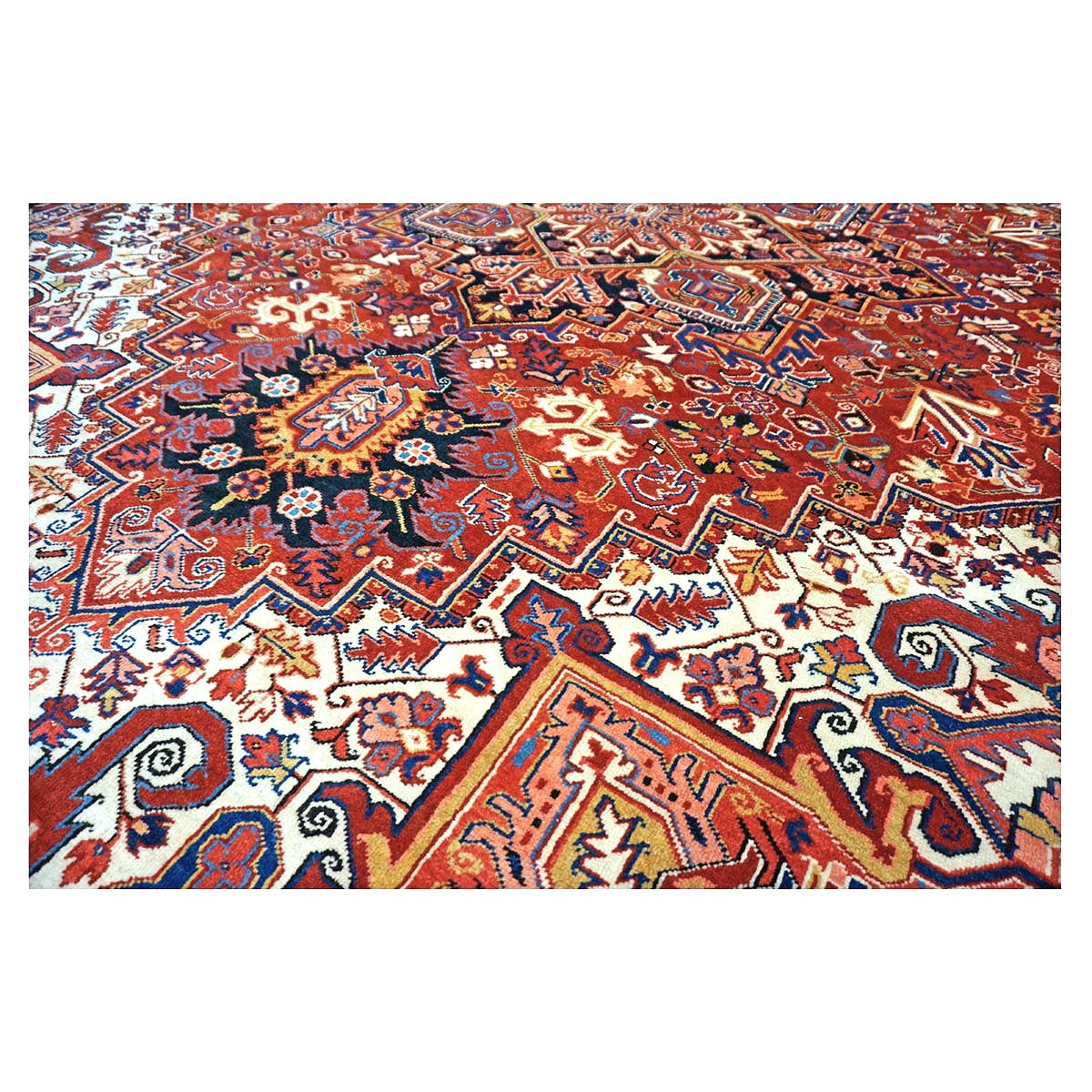 Vintage Persian Heriz Wool 10x13 Red, Ivory & Navy Handmade Area Rug #9902835