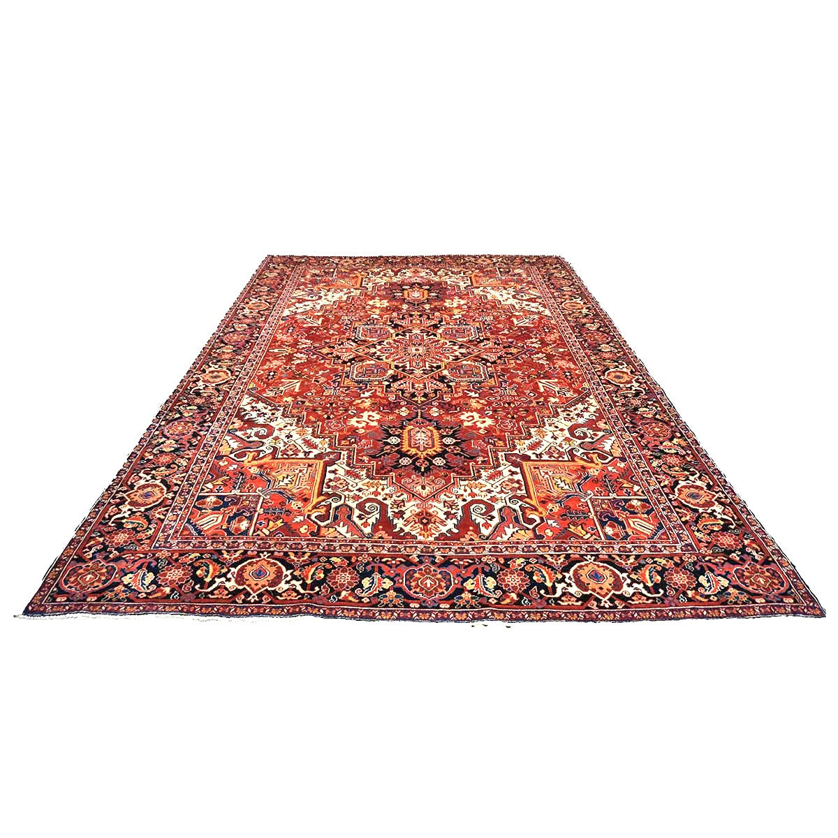 Vintage Persian Heriz Wool 10x13 Red, Ivory & Navy Handmade Area Rug #9902835