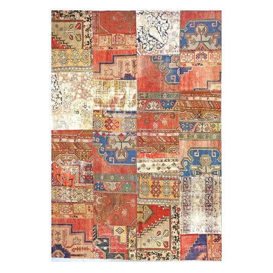 Vintage Turkish Patchwork Wool 6x10 Red, Ivory & Blue Handmade Area Rug #9902837