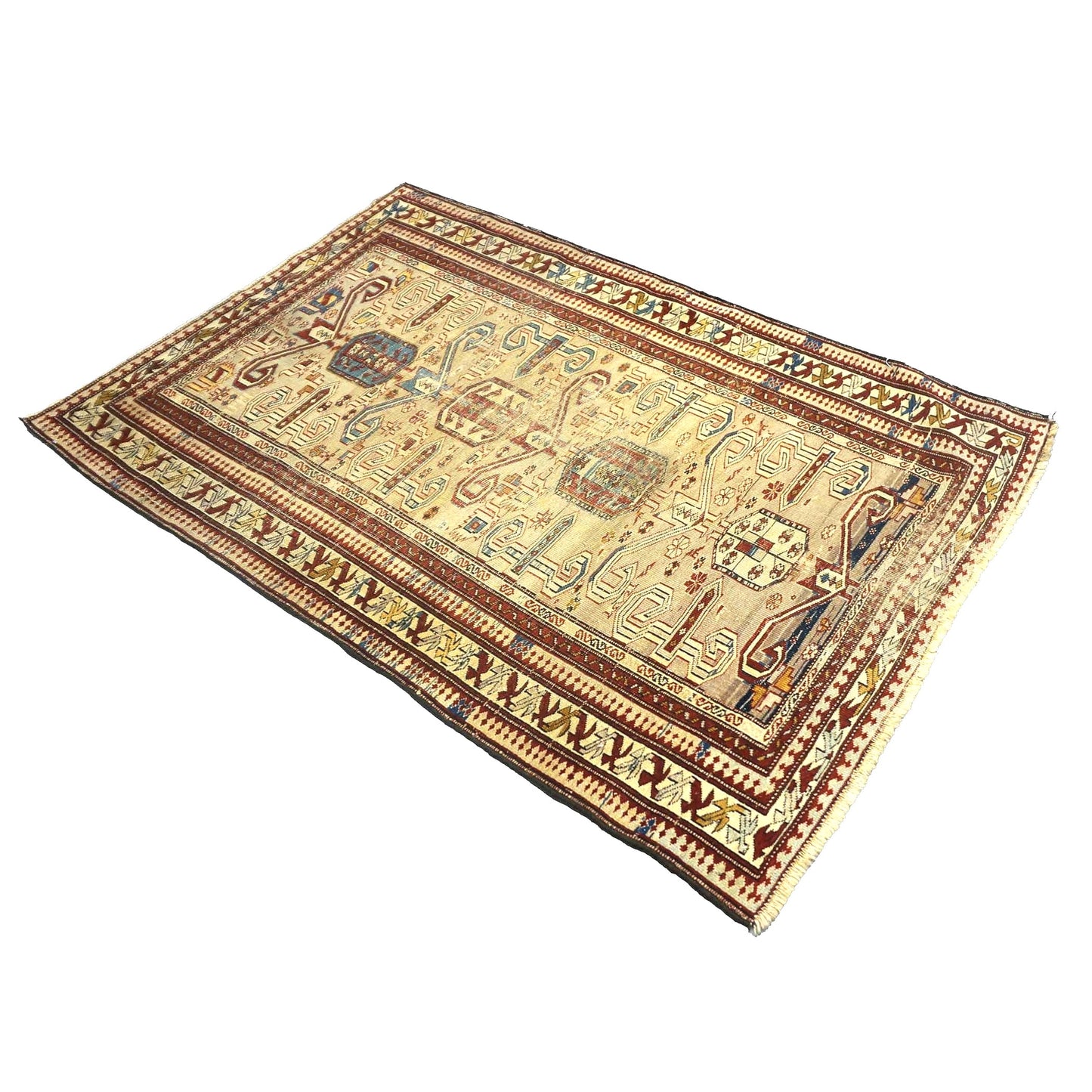 Antique Azerbaijani Kazak Perpedil Wool 3x5 Tan & Red Handmade Area Rug #9902854