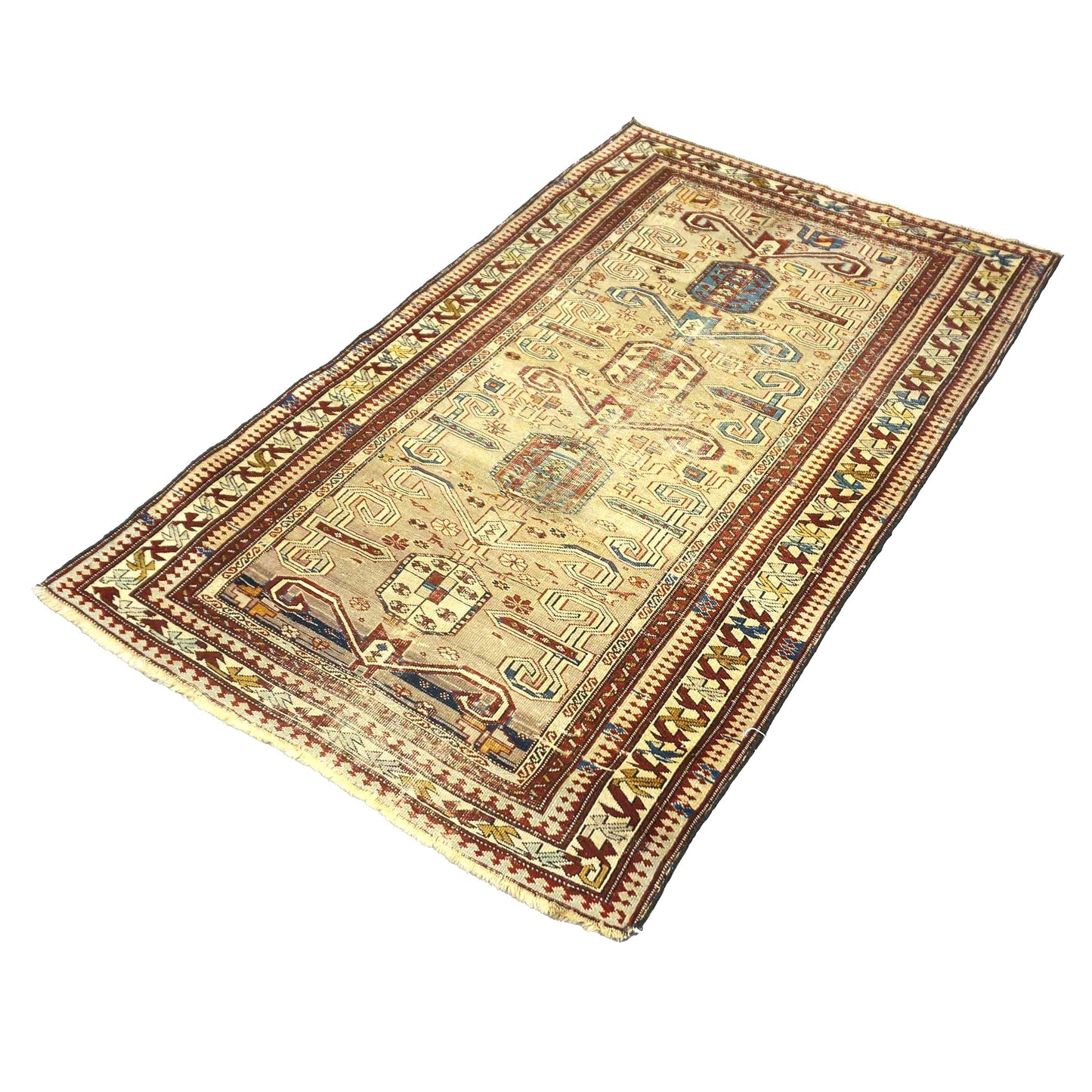 Antique Azerbaijani Kazak Perpedil Wool 3x5 Tan & Red Handmade Area Rug #9902854
