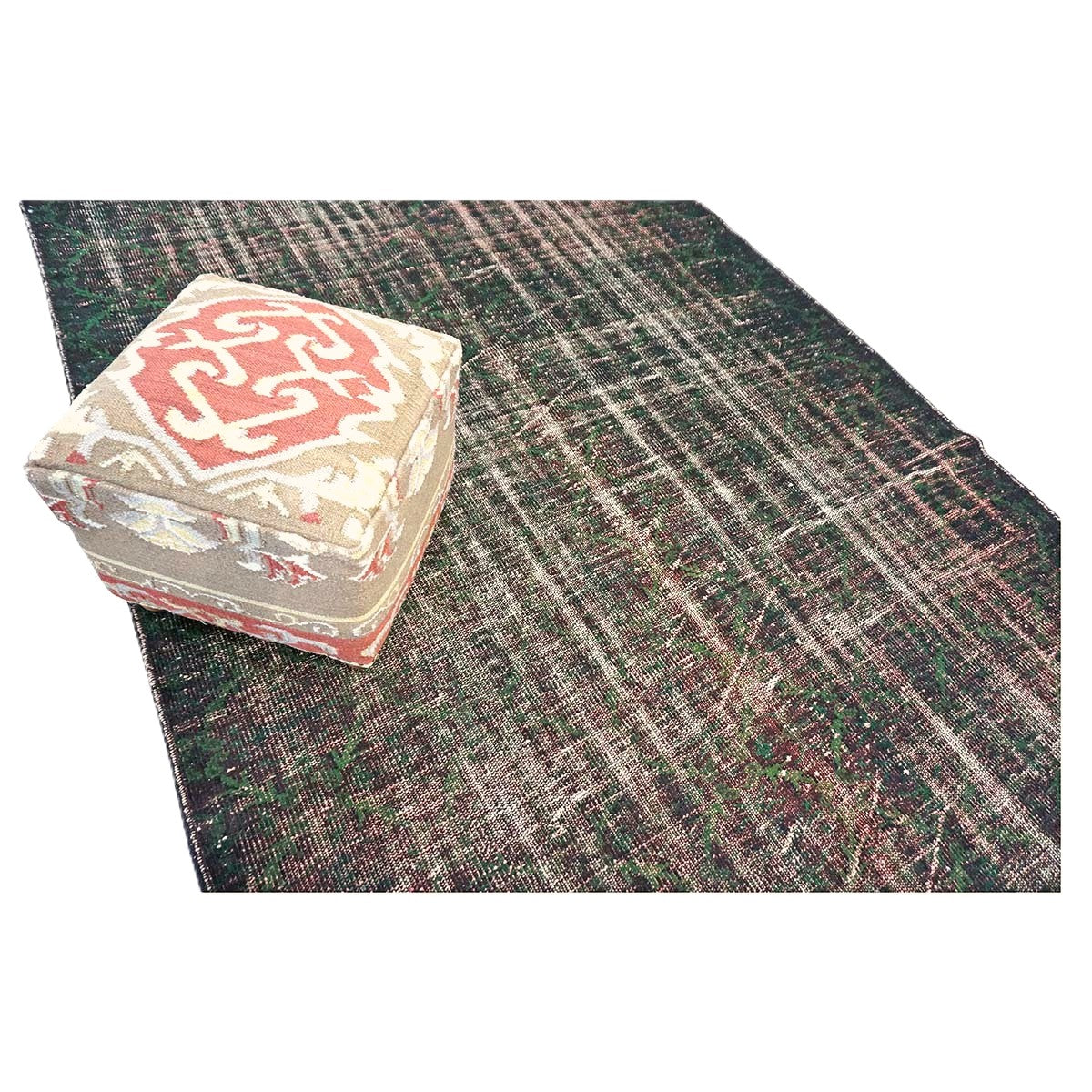 Turkish Overdye Distressed Wool 6x9 Emerald Green & Ivory Handmade Area Rug # 9902855