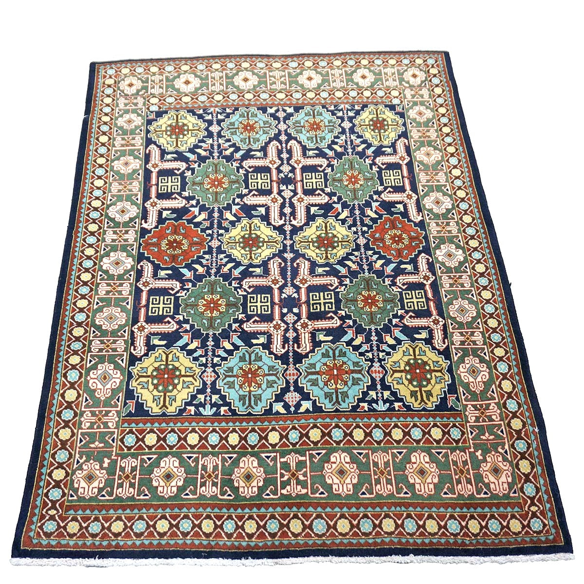 Antique Persian Tabriz Wool 3x5 Ivory, Navy & Green Handmade Throw Rug #9902860