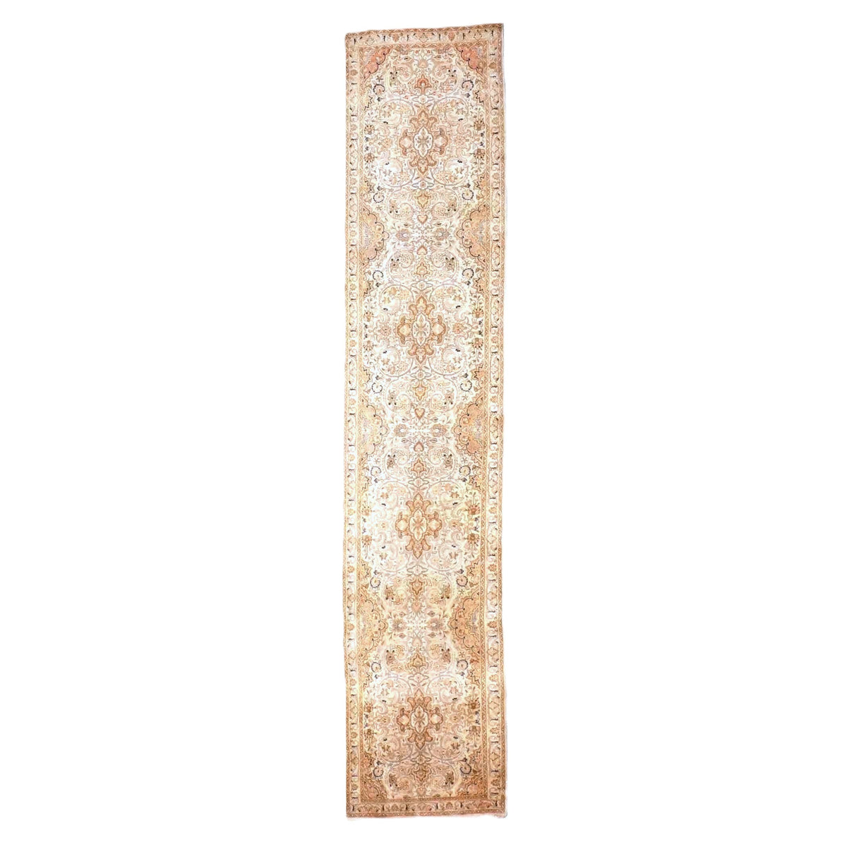 Antique Persian Tabriz Wool 3x13 Ivory, Pink & Tan Handmade Runner Rug #9902863