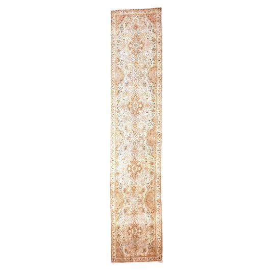 Antique Persian Tabriz Wool 3x13 Ivory, Pink & Tan Handmade Runner Rug #9902863