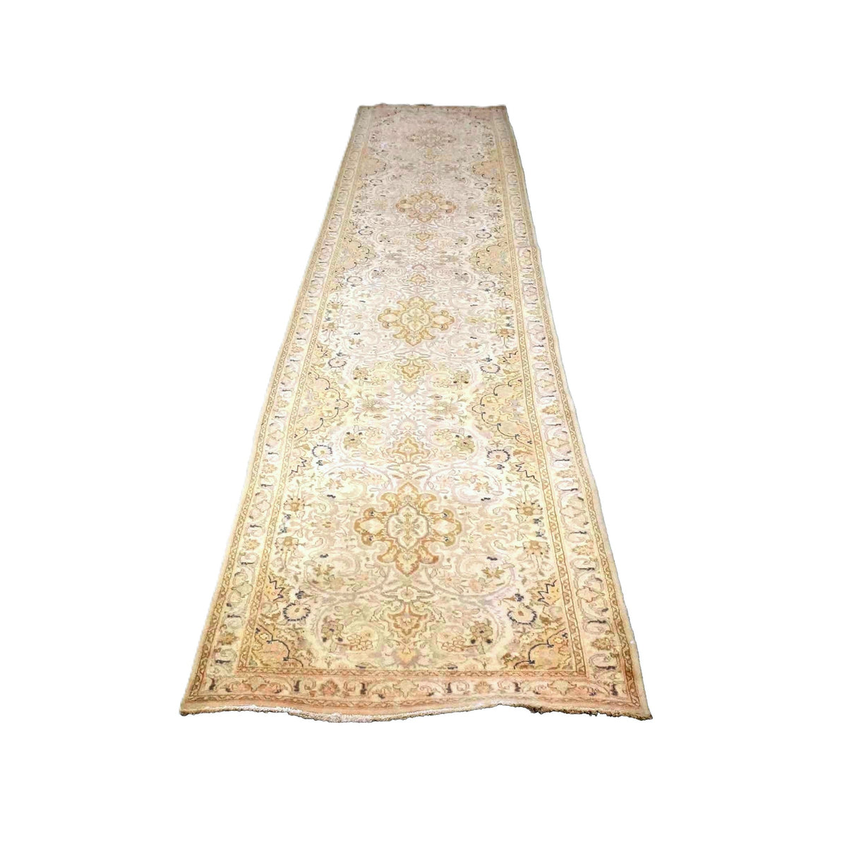 Antique Persian Tabriz Wool 3x13 Ivory, Pink & Tan Handmade Runner Rug #9902863