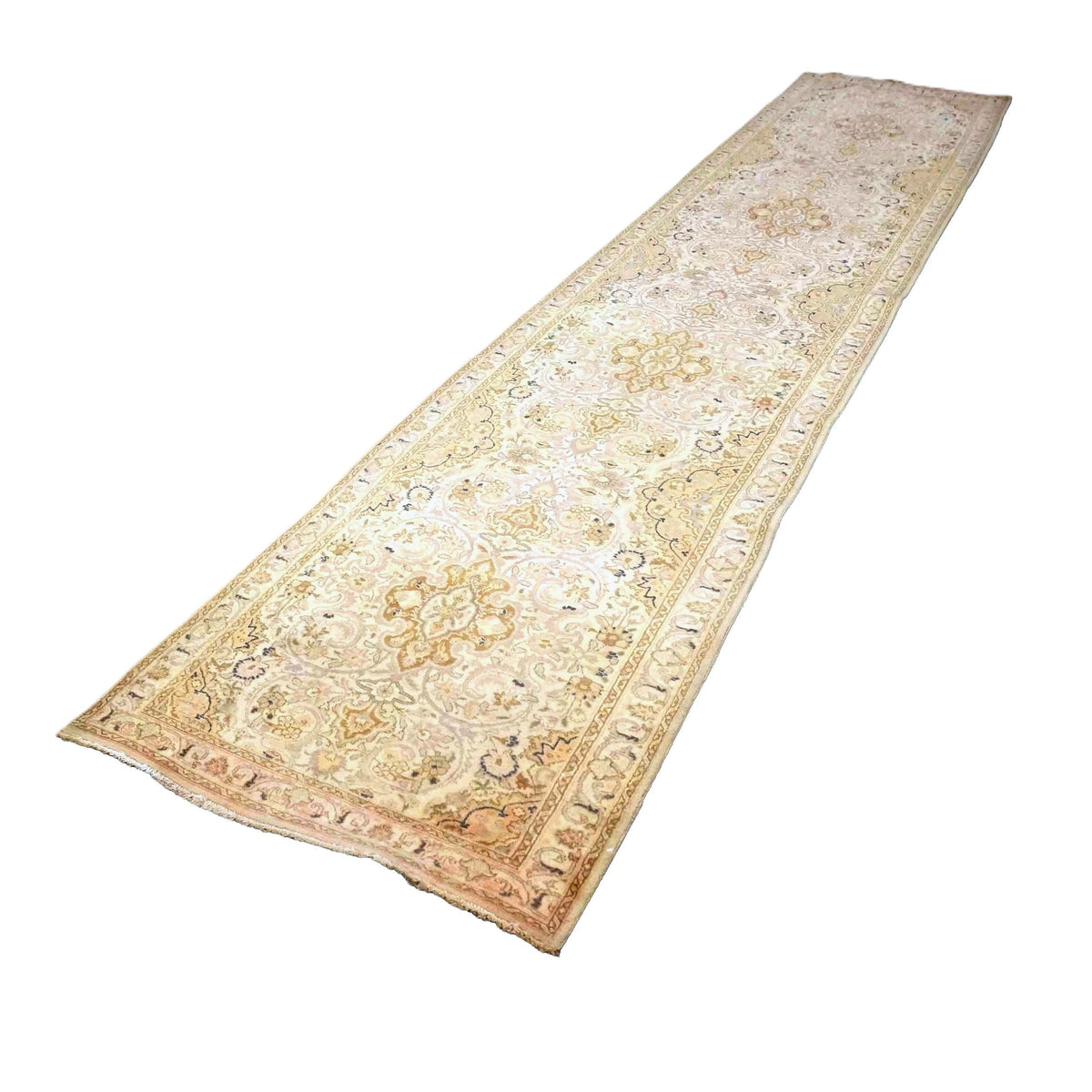 Antique Persian Tabriz Wool 3x13 Ivory, Pink & Tan Handmade Runner Rug #9902863