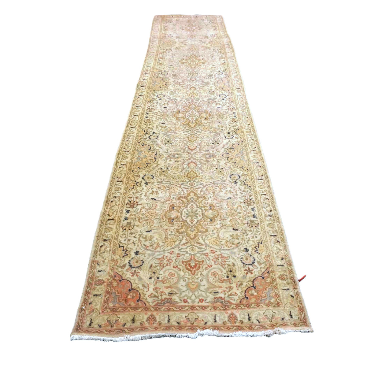 Antique Persian Tabriz Wool 3x13 Ivory, Pink & Tan Handmade Runner Rug #9902863