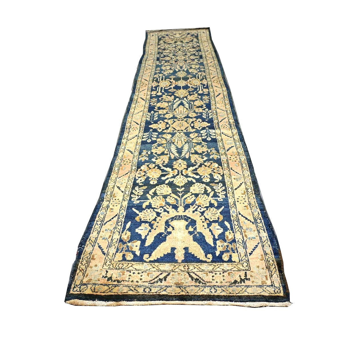 Antique Persian Lilihan Wool 3x13 Blue & Gold Handmade Runner Rug #9902897