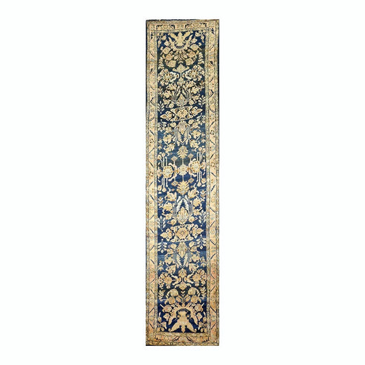 Antique Persian Lilihan Wool 3x13 Blue & Gold Handmade Runner Rug #9902897