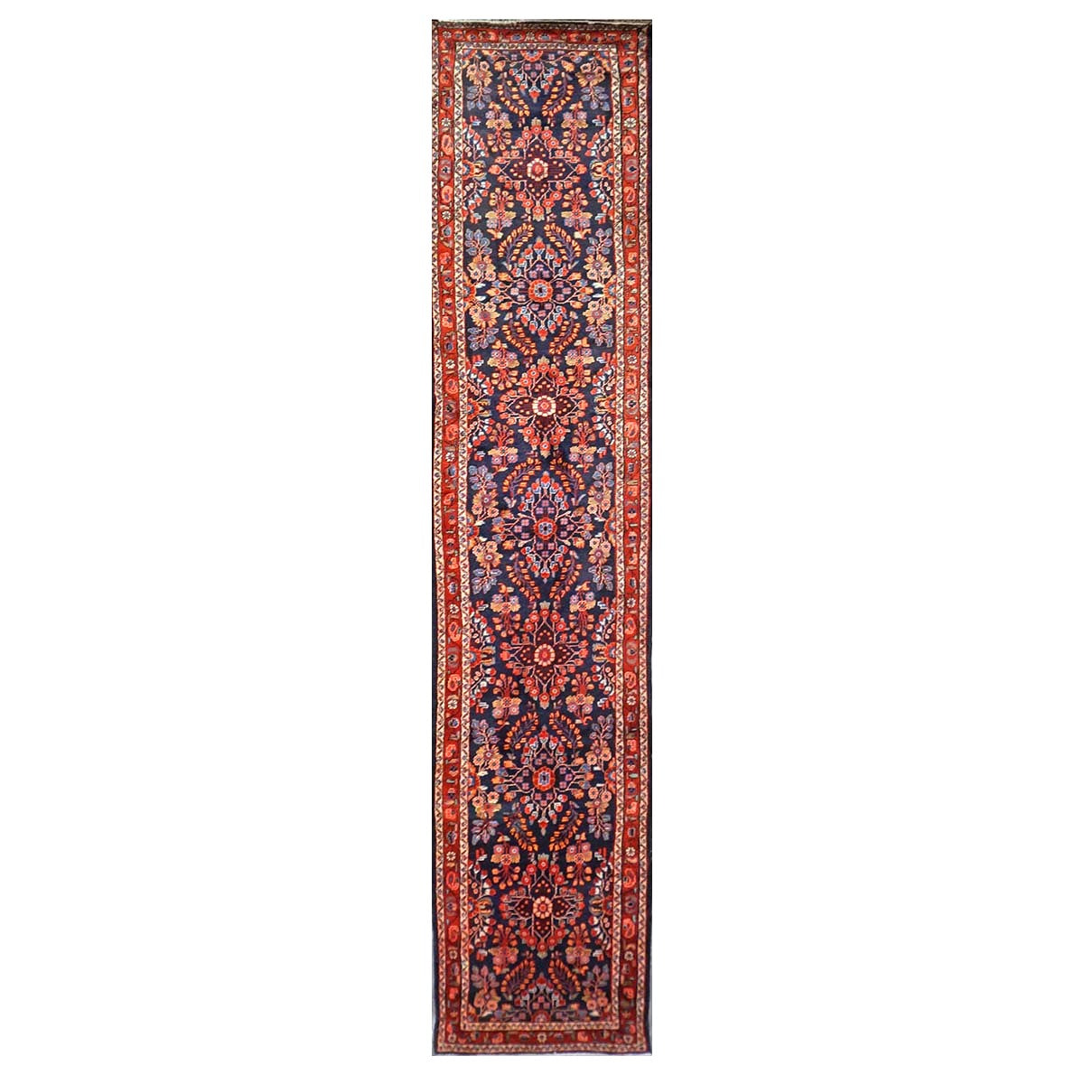 Antique Persian Hamadan Wool 3x17 Red, Navy & Ivory Handmade Runner Rug #9902910