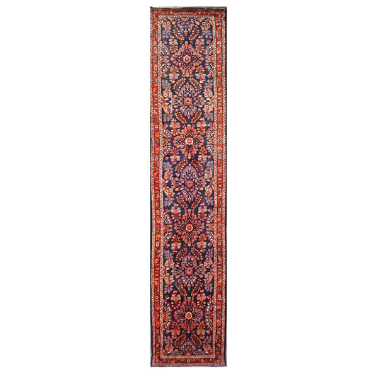 Antique Persian Hamadan Wool 3x17 Red, Navy & Ivory Handmade Runner Rug #9902910