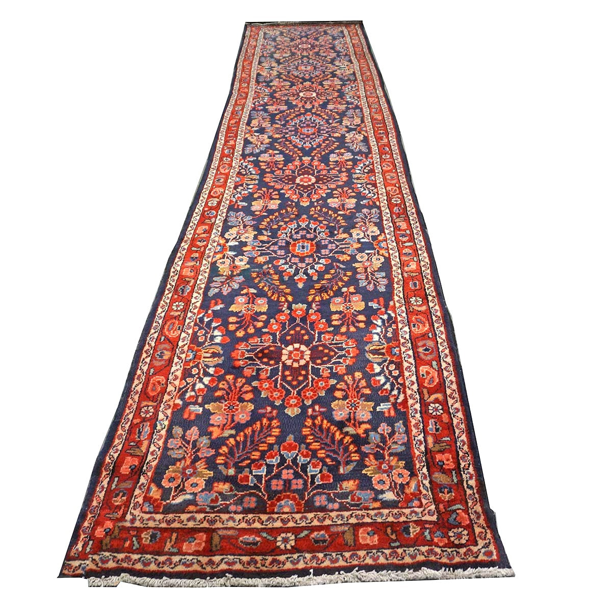 Antique Persian Hamadan Wool 3x17 Red, Navy & Ivory Handmade Runner Rug #9902910