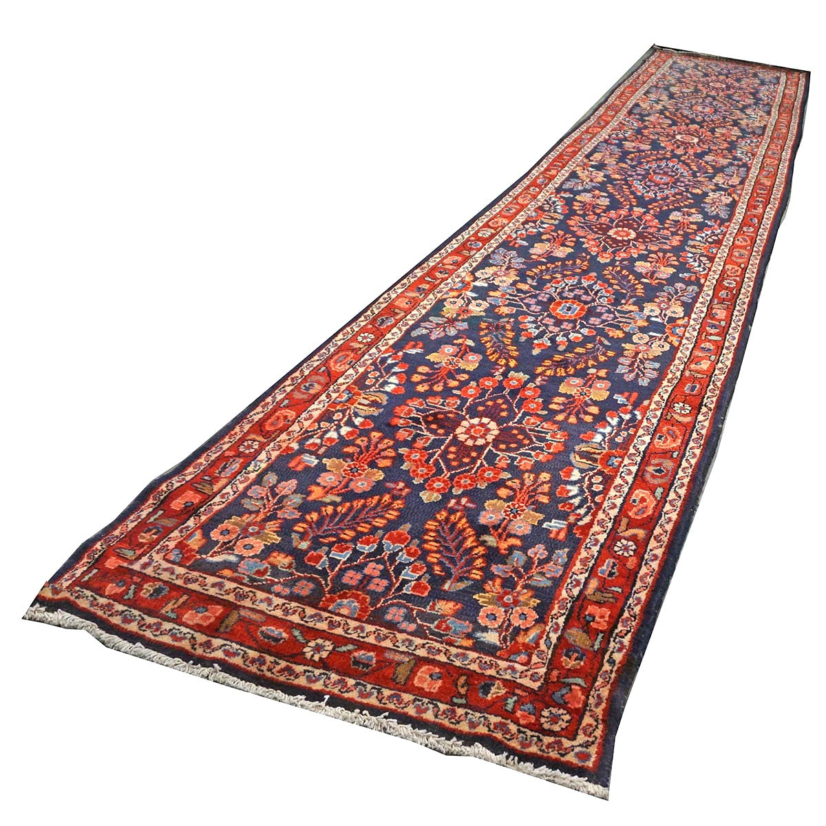 Antique Persian Hamadan Wool 3x17 Red, Navy & Ivory Handmade Runner Rug #9902910