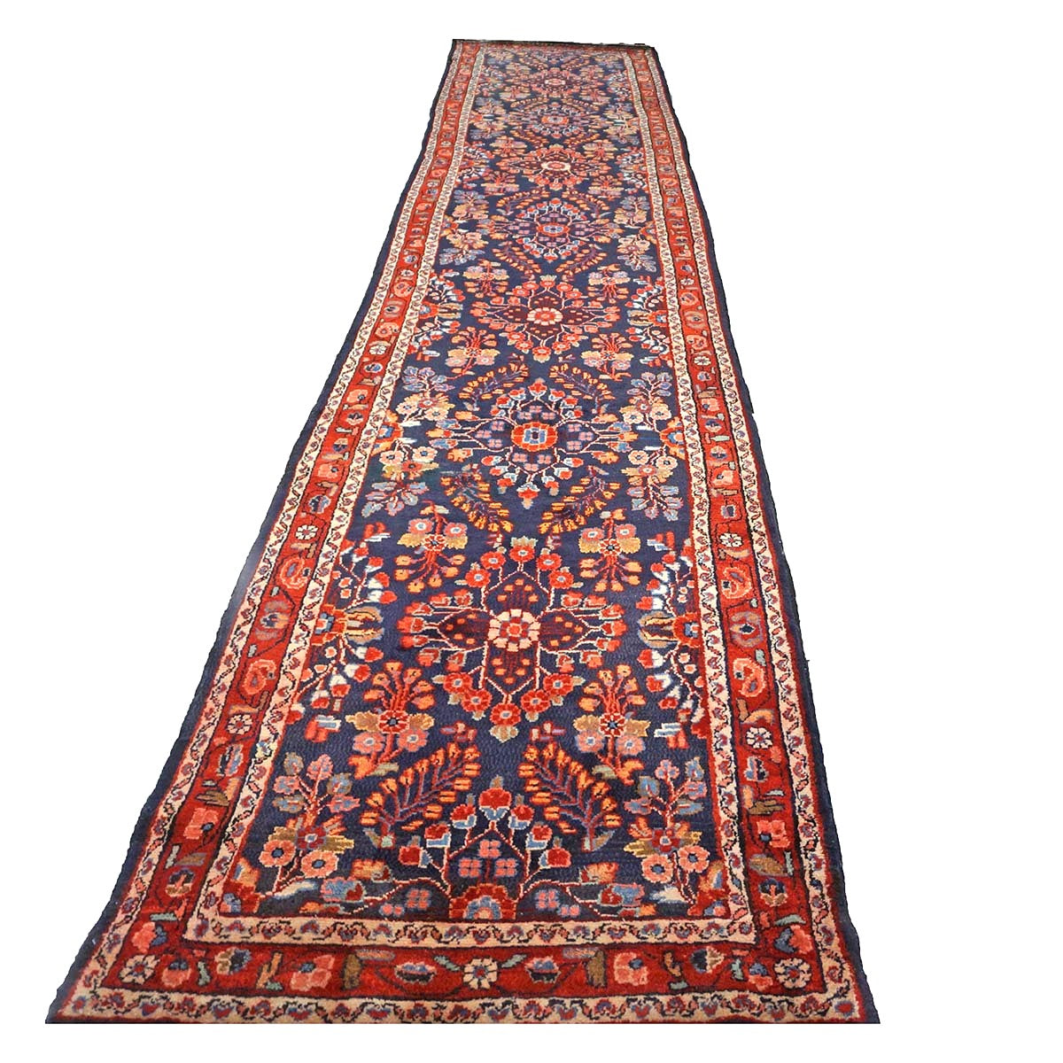 Antique Persian Hamadan Wool 3x17 Red, Navy & Ivory Handmade Runner Rug #9902910