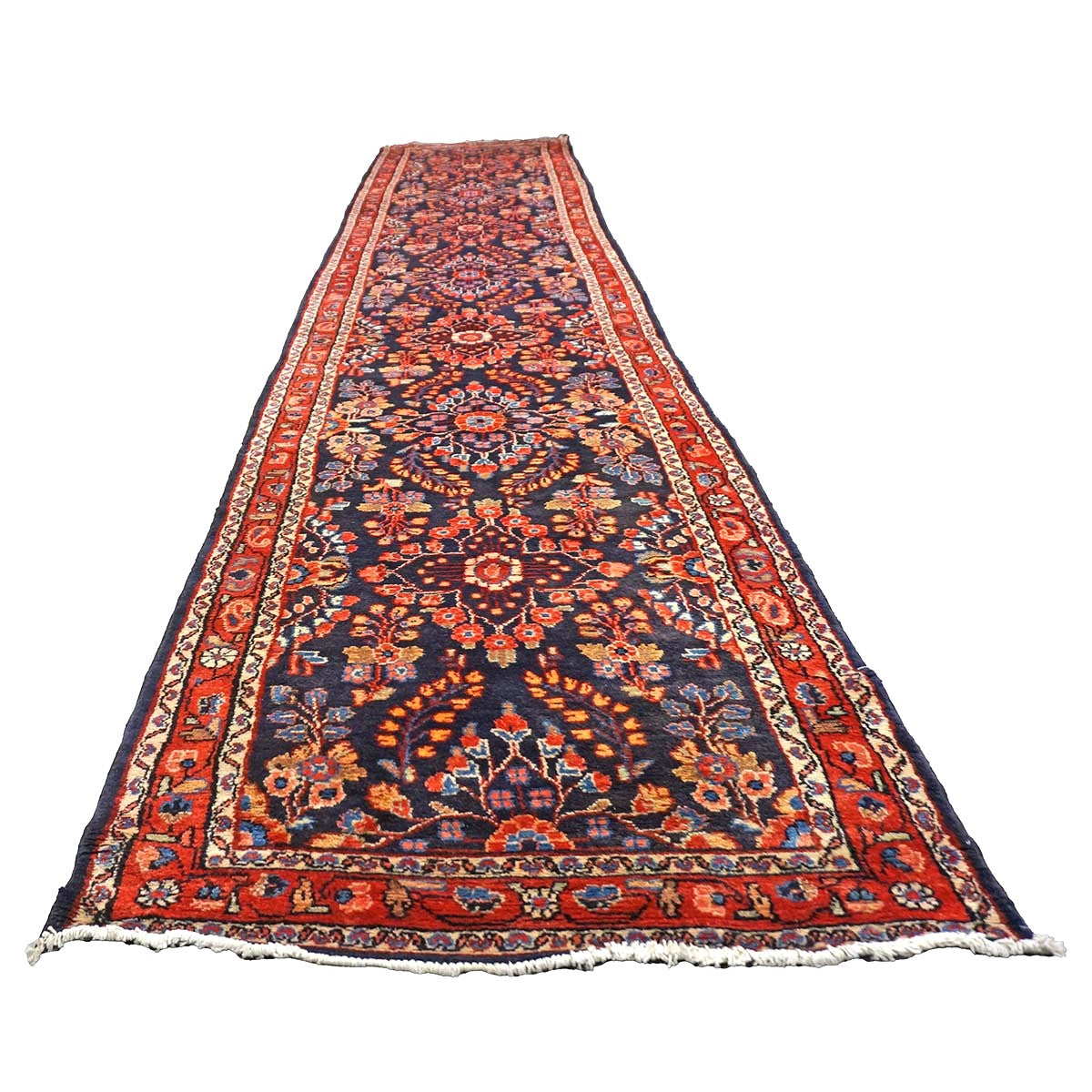 Antique Persian Hamadan Wool 3x17 Red, Navy & Ivory Handmade Runner Rug #9902910