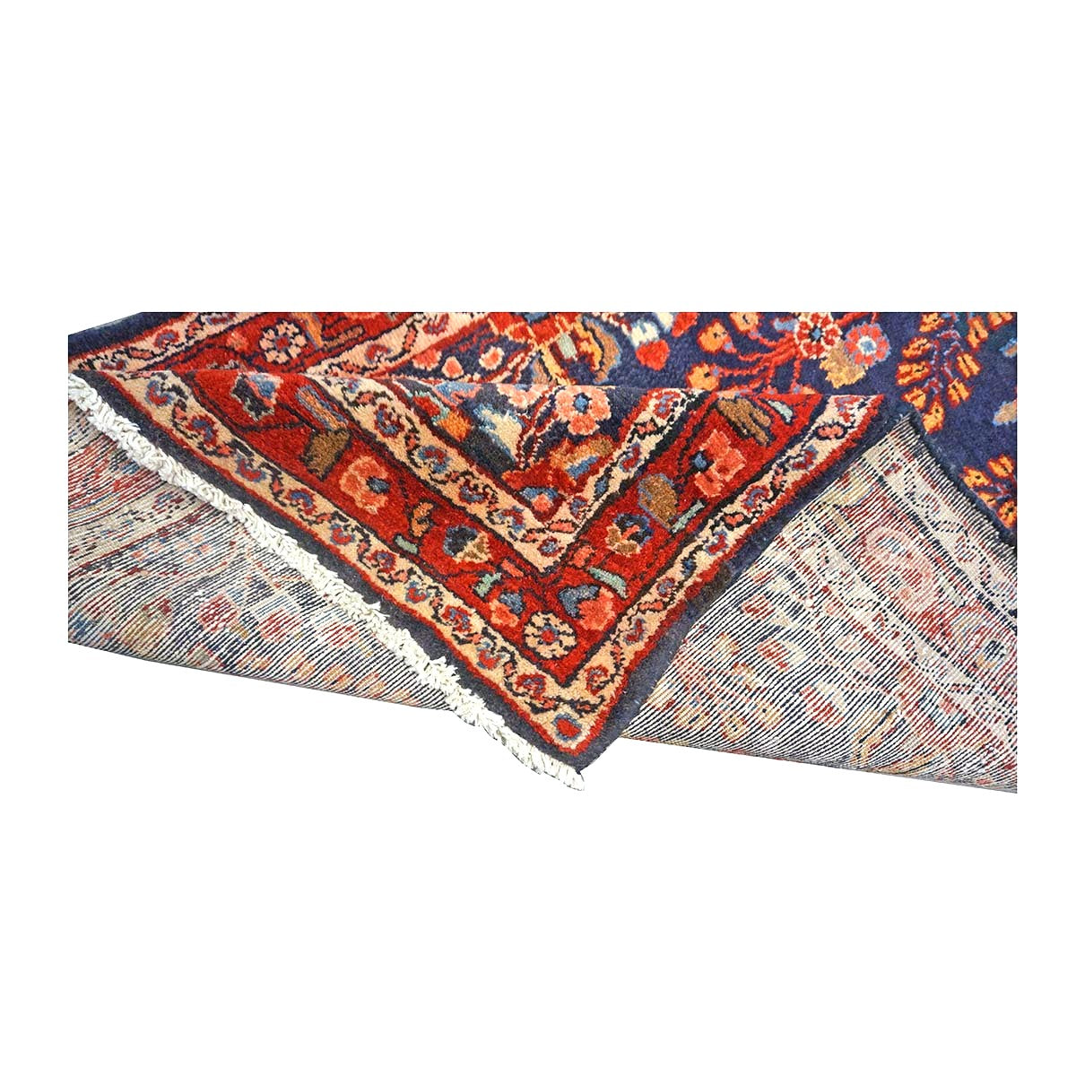 Antique Persian Hamadan Wool 3x17 Red, Navy & Ivory Handmade Runner Rug #9902910