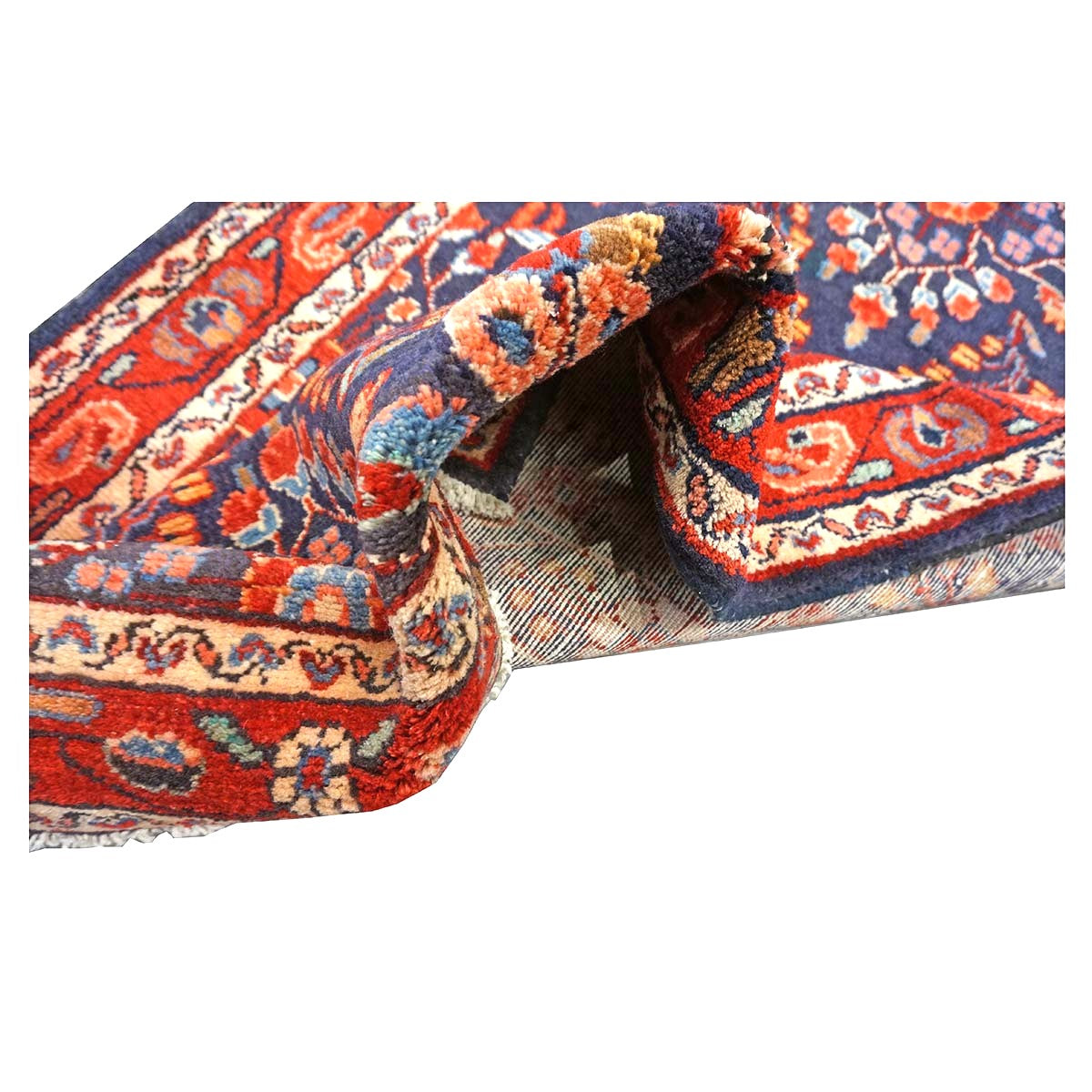 Antique Persian Hamadan Wool 3x17 Red, Navy & Ivory Handmade Runner Rug #9902910