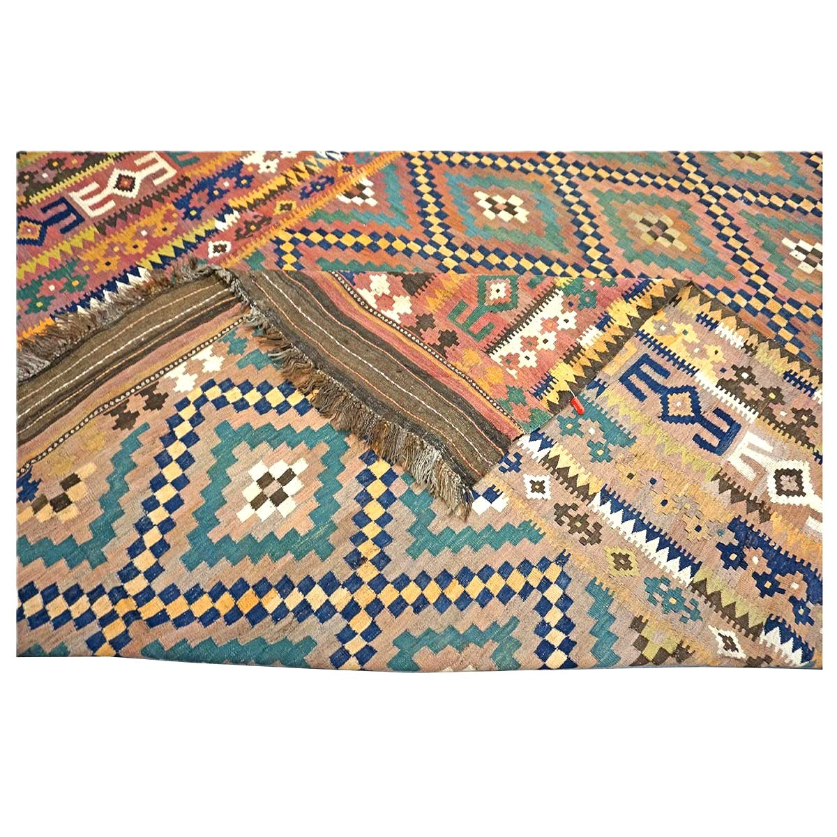 Antique Afghan Kabul Kilim Wool 10x17 Camel, Brick & Teal Handmade Area Rug #9902929