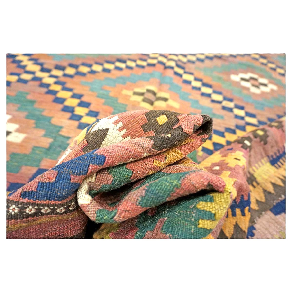 Antique Afghan Kabul Kilim Wool 10x17 Camel, Brick & Teal Handmade Area Rug #9902929