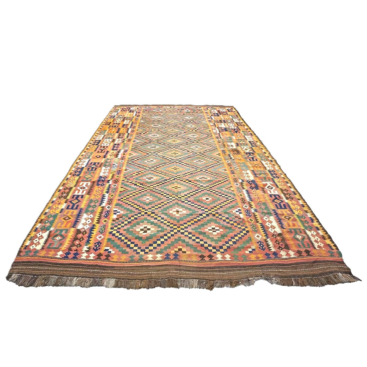 Antique Afghan Kabul Kilim Wool 10x17 Camel, Brick & Teal Handmade Area Rug #9902929