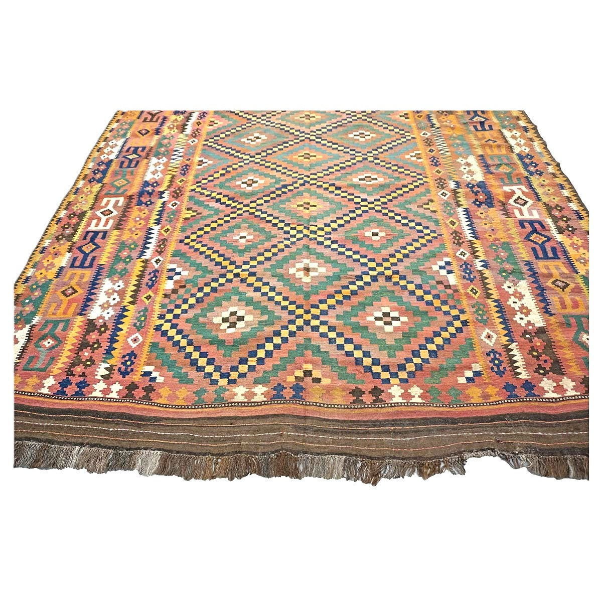 Antique Afghan Kabul Kilim Wool 10x17 Camel, Brick & Teal Handmade Area Rug #9902929