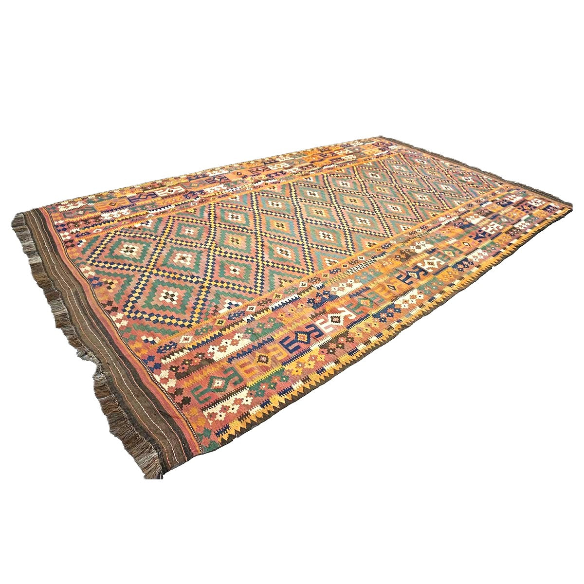 Antique Afghan Kabul Kilim Wool 10x17 Camel, Brick & Teal Handmade Area Rug #9902929