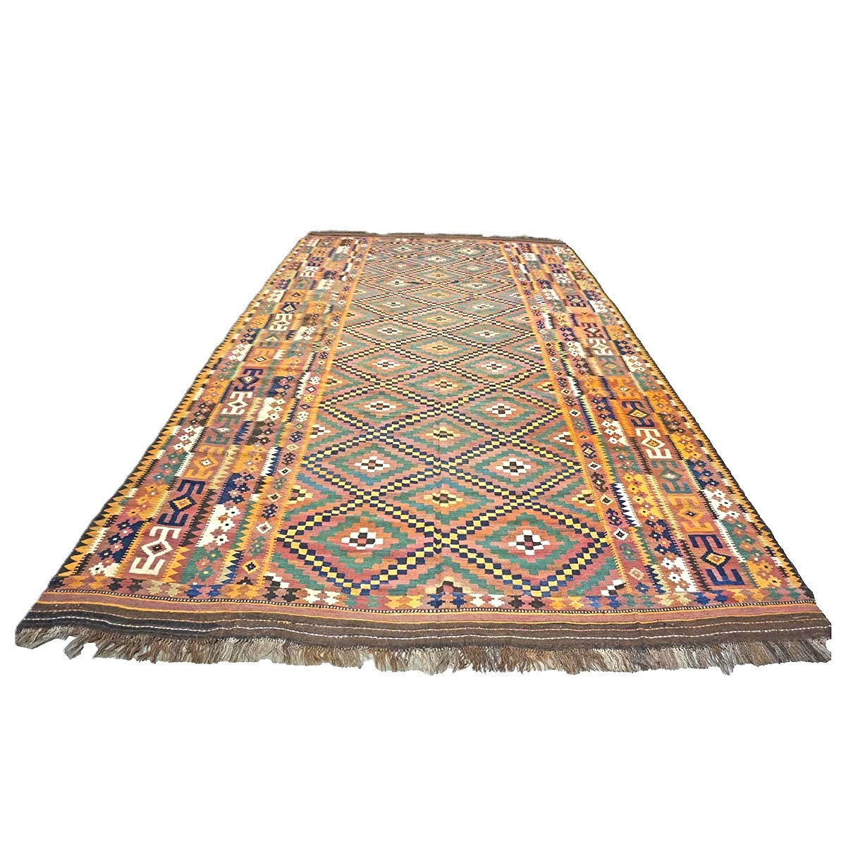 Antique Afghan Kabul Kilim Wool 10x17 Camel, Brick & Teal Handmade Area Rug #9902929
