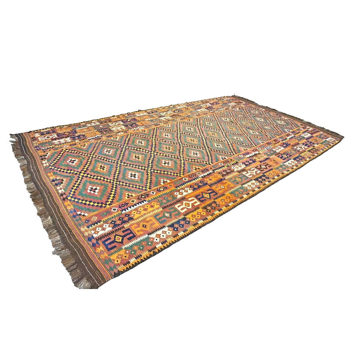 Antique Afghan Kabul Kilim Wool 10x17 Camel, Brick & Teal Handmade Area Rug #9902929