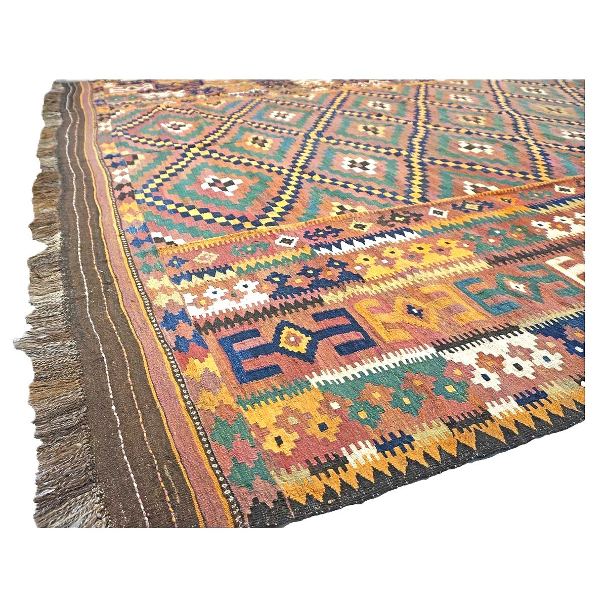 Antique Afghan Kabul Kilim Wool 10x17 Camel, Brick & Teal Handmade Area Rug #9902929