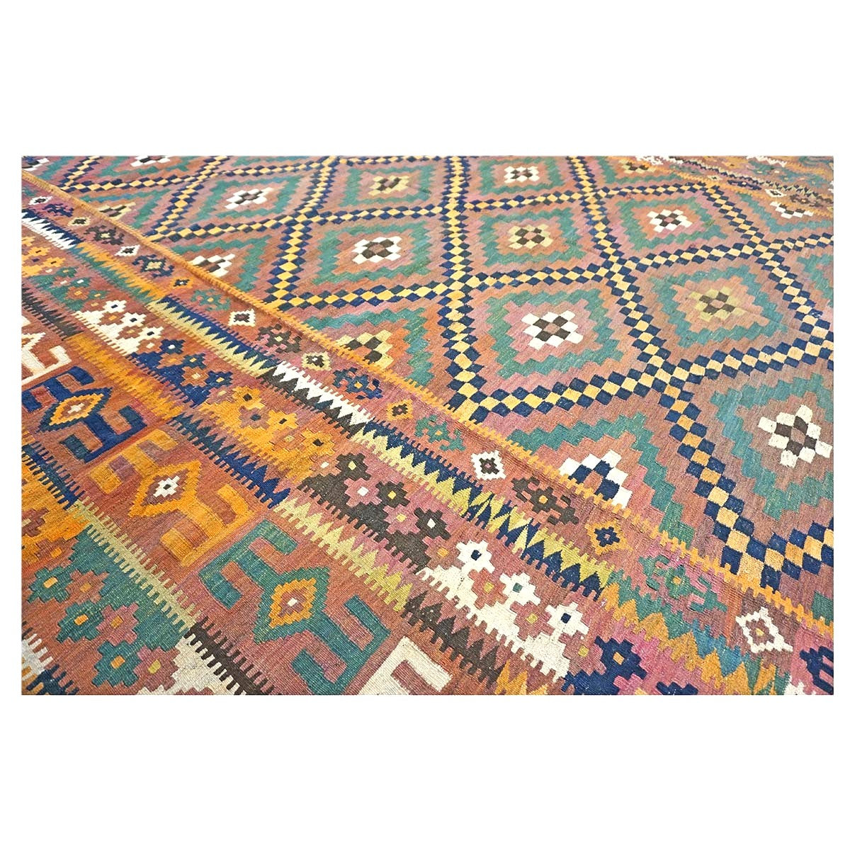 Antique Afghan Kabul Kilim Wool 10x17 Camel, Brick & Teal Handmade Area Rug #9902929