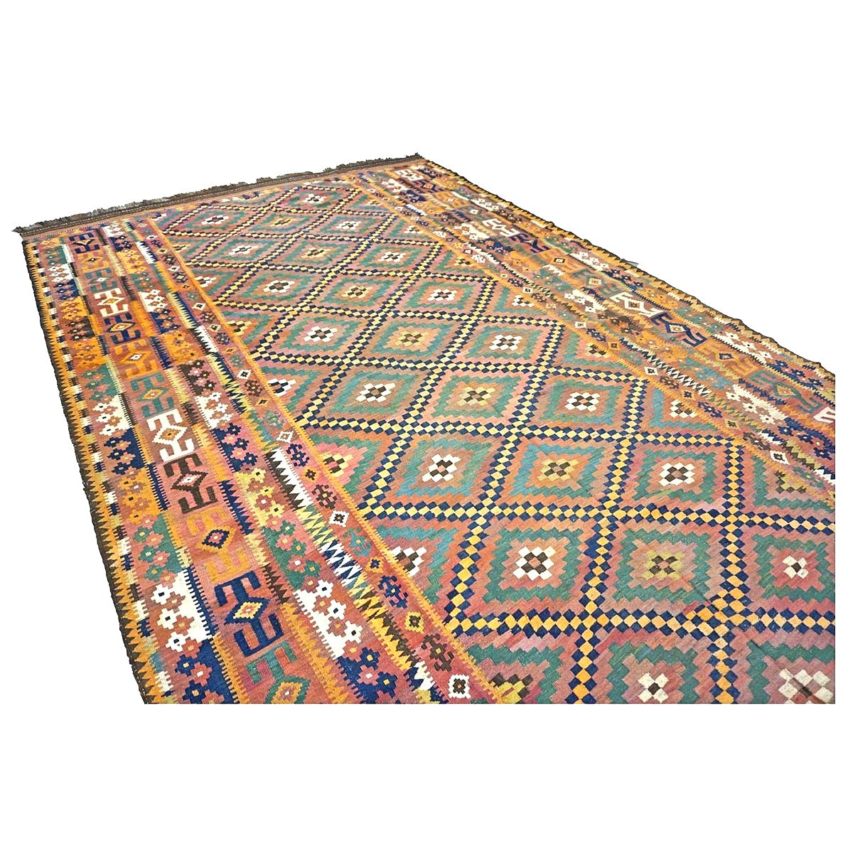 Antique Afghan Kabul Kilim Wool 10x17 Camel, Brick & Teal Handmade Area Rug #9902929