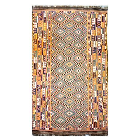 Antique Afghan Kabul Kilim Wool 10x17 Camel, Brick & Teal Handmade Area Rug #9902929