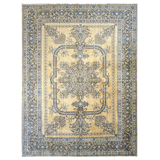 Antique Persian Tabriz Wool 10x13 Tan, Blue & Black Handmade Area Rug #9902951