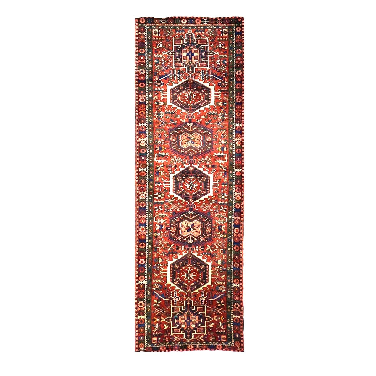 Persian Karajeh Wool 3x11 Rust, Ivory & Green Handmade Runner Rug #9902952