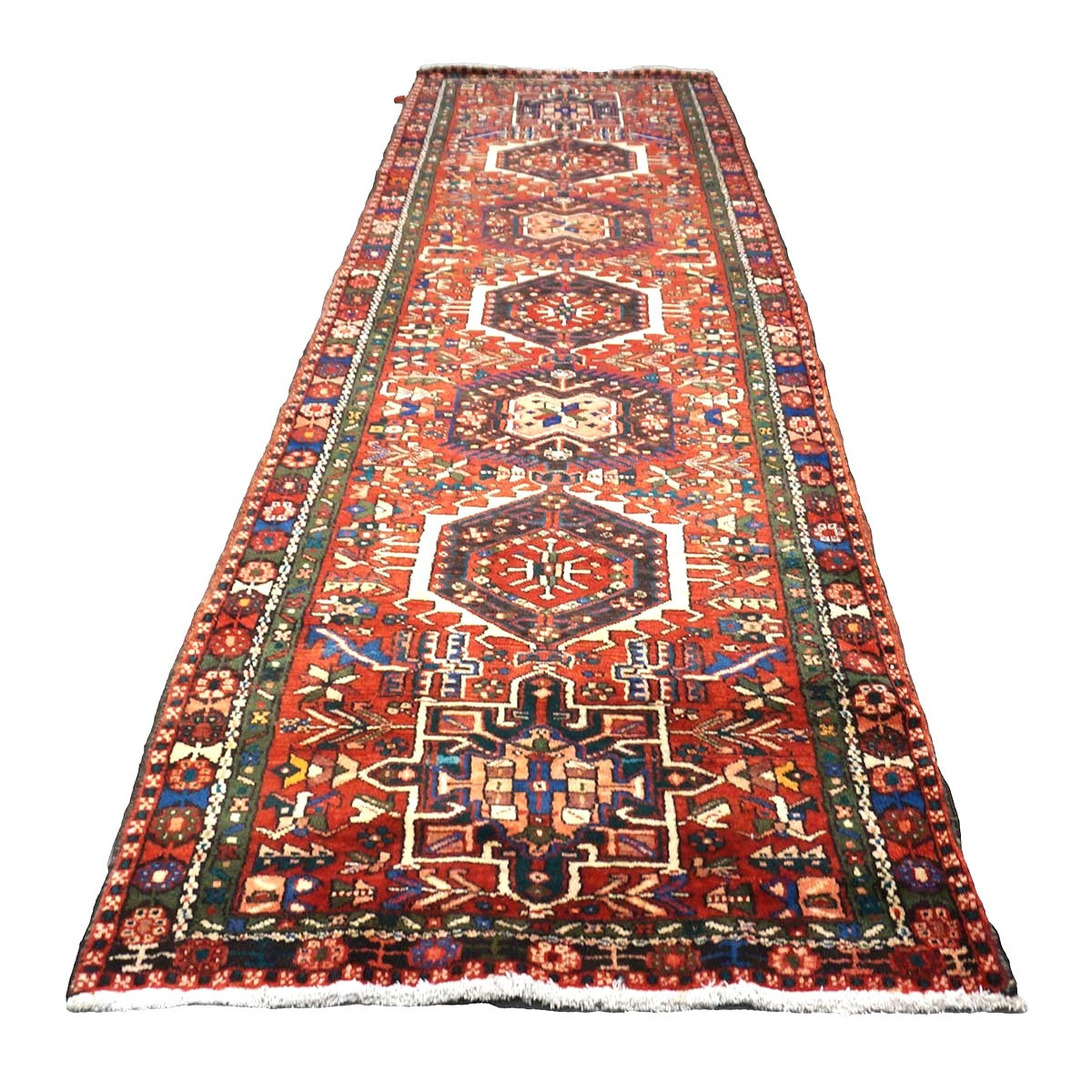 Persian Karajeh Wool 3x11 Rust, Ivory & Green Handmade Runner Rug #9902952