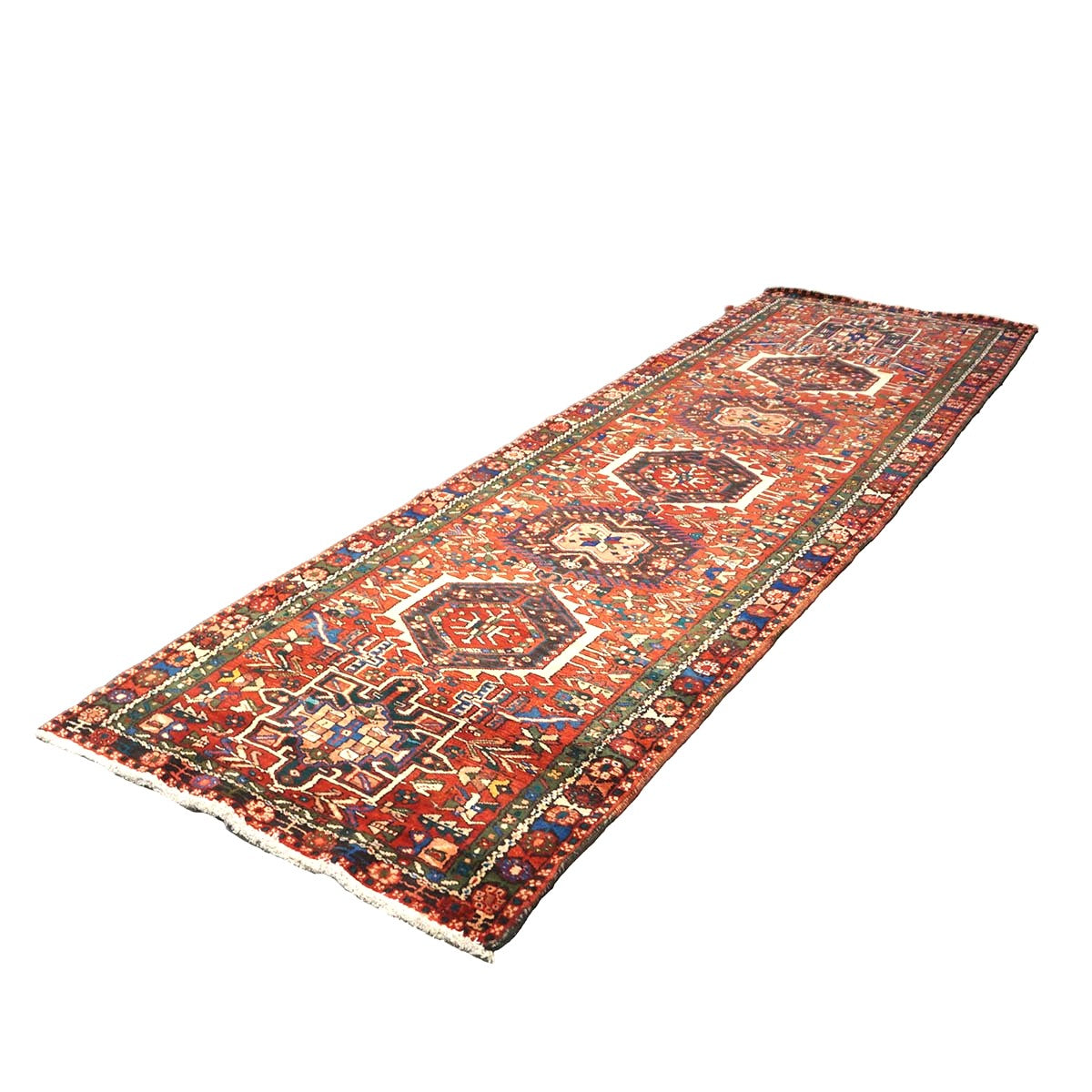 Persian Karajeh Wool 3x11 Rust, Ivory & Green Handmade Runner Rug #9902952