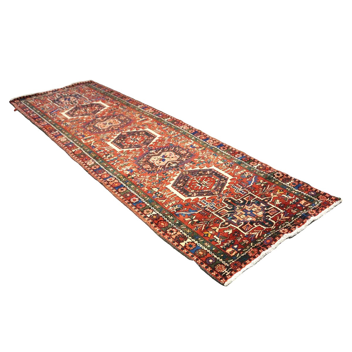 Persian Karajeh Wool 3x11 Rust, Ivory & Green Handmade Runner Rug #9902952