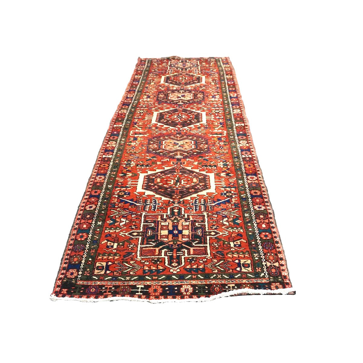 Persian Karajeh Wool 3x11 Rust, Ivory & Green Handmade Runner Rug #9902952