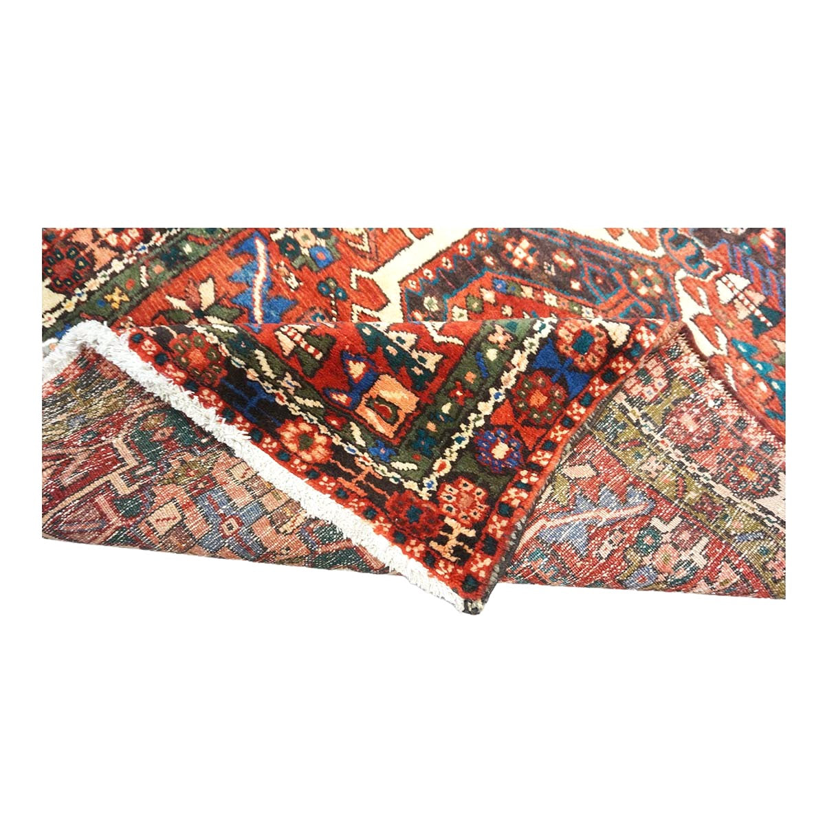 Persian Karajeh Wool 3x11 Rust, Ivory & Green Handmade Runner Rug #9902952