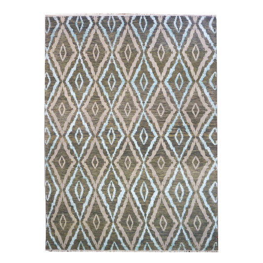 Nepalese Modern Wool & Silk 9X12 Green, Blue & Grey Handmade Area Rug #9902959