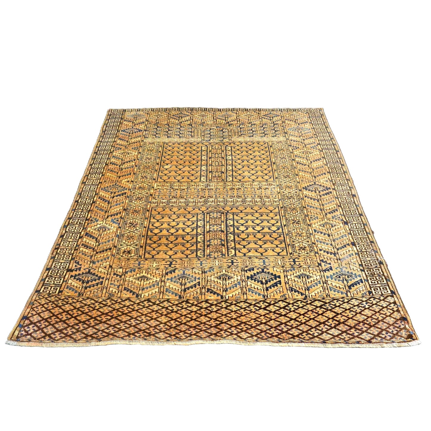 Antique Azerbaijani Turkeman Wool 4x5 Tan & Navy Handmade Area Rug #9902965